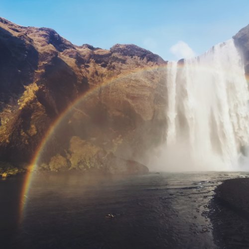 Der Wasserfall Skógafoss mit Regenbogen