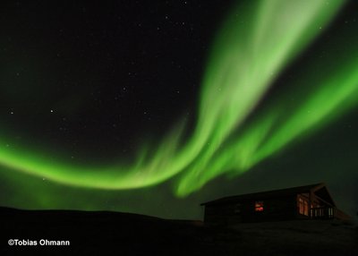 Am Nachthimmel über einem Ferienhaus tanzt ein grüner Nordlichtschweif