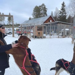 Unsere Reiseexpertin Steffie und der Farm-Besitzer Morgan und die Hunde.