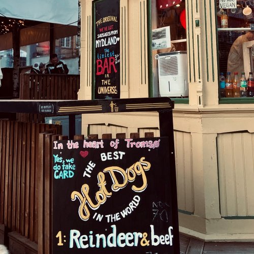 Typisch norwegische Hotdogs mit Rentierfleisch in der Innenstadt von Tromso