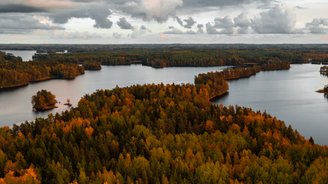 Luftaufnahme auf Wälder und Seen im Nationalpark Liesjärvi im Herbst bei Sonnenuntergang