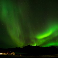 Polarlicht über einer Farm in Island