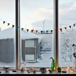 Blick aus einem Fenster auf das winterliche Reykjavik
