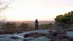 In der Abendsonne steht eine Person mit Rucksack auf einer Anhöhe im Hvaler Nationalpark und schaut in die Ferne
