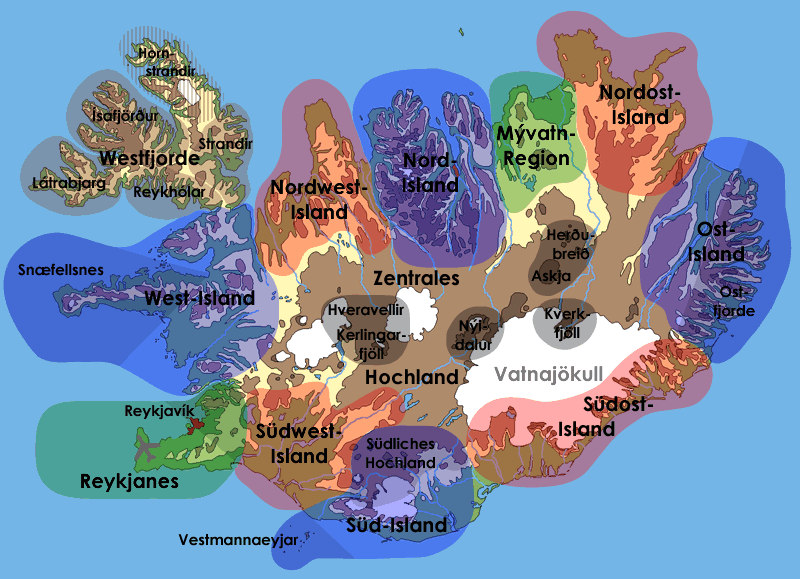 Unsere Island-Ferienhaus-Regionen - Island-Karte mit 12 farbigen Island-Tourismus-Regionen