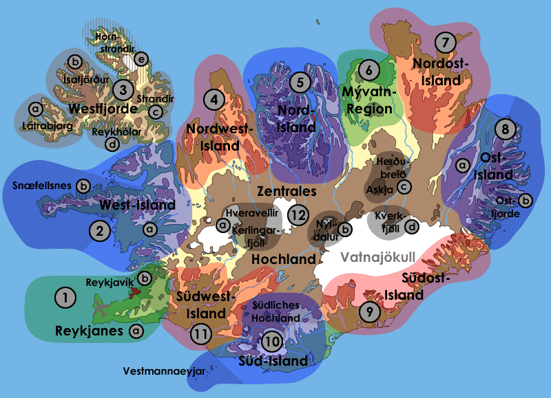 Unsere touristisch-geographischen Island-Regionen - Island-Karte mit 12 Regionen