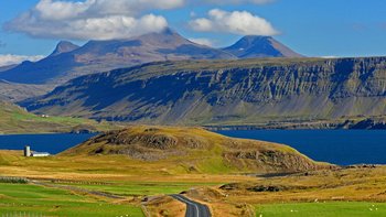 Landschaftseindrücke auf Island Busreisen - Straße durch grüne Wiesen an einem Fjord mit hohen Bergen