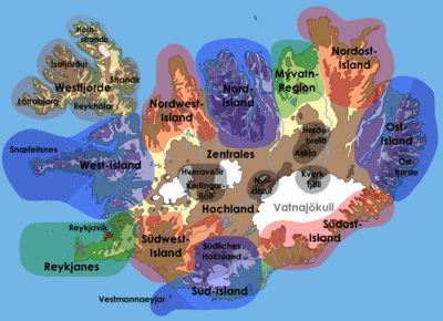 Island-Urlaubsregionen ... zur Orientierung für Ihren Ferienhausurlaub in Island Unsere Island-Ferienhaus-Regionen - Island-Karte mit 12 farbigen Island-Tourismus-Regionen